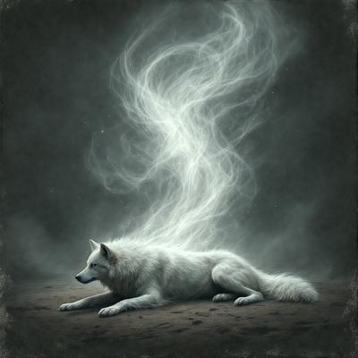 The primary subject of the image is a white wolf lying on the ground. The setting is a dark, possibly nighttime, environment, with a cloudy sky visible in the background. The visual style of the image is a digital art or illustration, creating a dramatic and moody atmosphere. The dominant colors are white and gray, with the wolf's fur and the cloudy sky providing a sense of mystery and intensity.